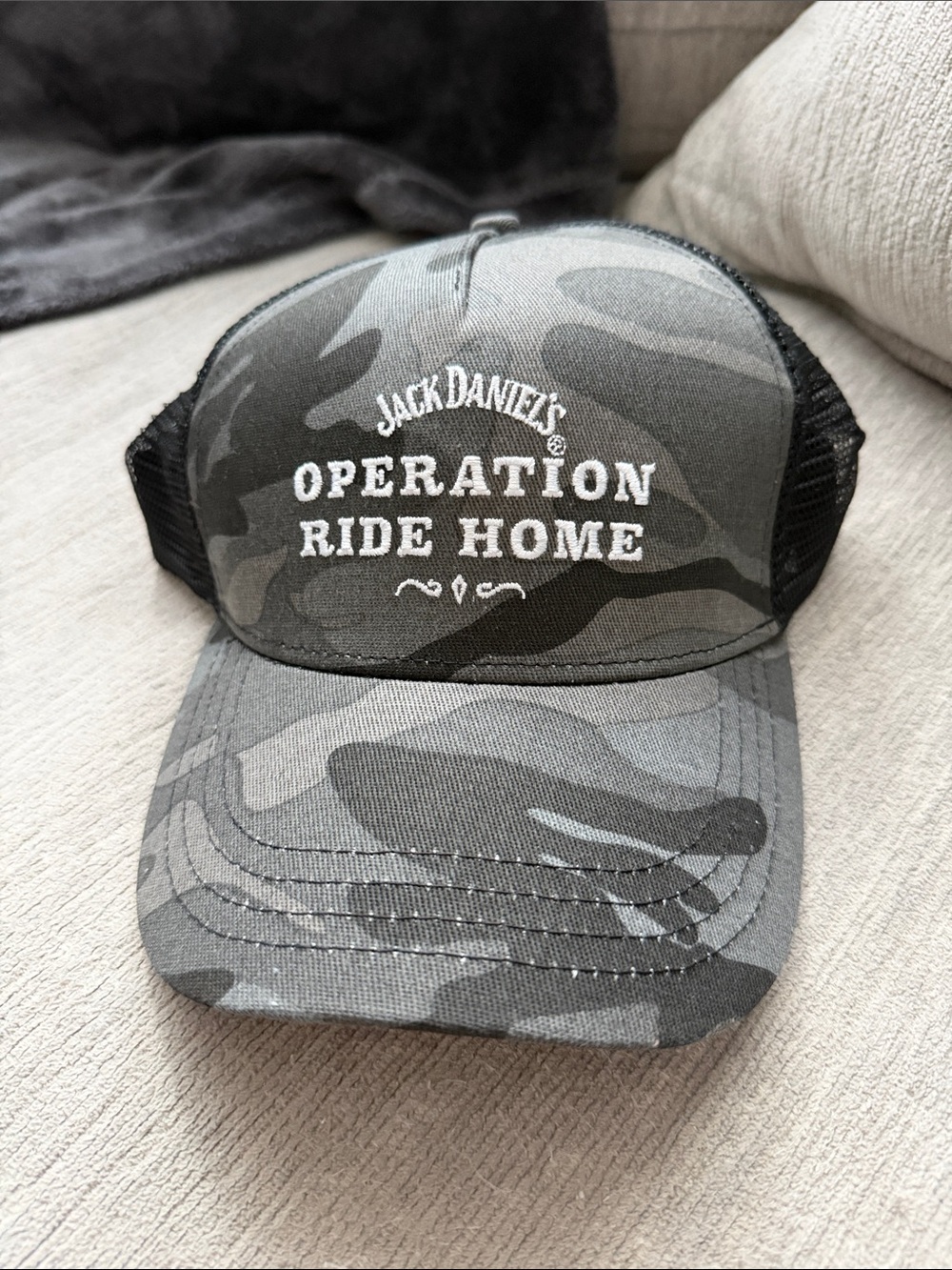 Jack Daniels Gray Camo Operation Ride Home Trucker Hat